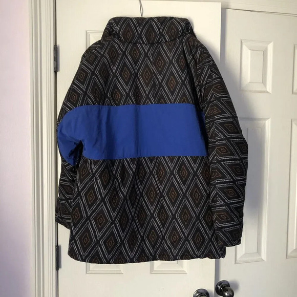 Zara Man Black Color Block Cobalt Blue Aztec Print Puffer Jacket Coat Size Large - Picture 6 of 9